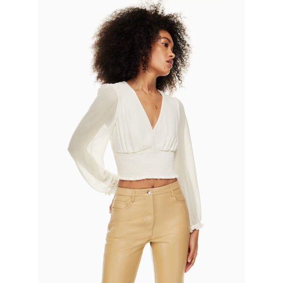 Aritzia WILFRED Wistful Black Chiffon Smocked Puff Sleeve V-Neck Blouse, Size S - Picture 11 of 15